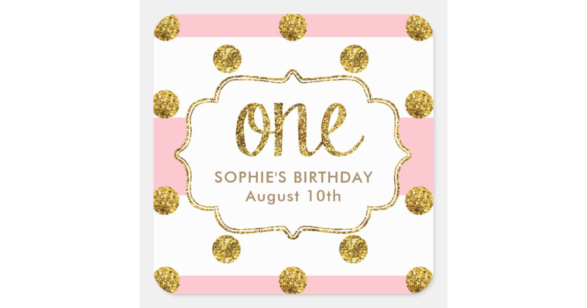 Pink Stripes Gold Glitter ONE, Custom Square Sticker | Zazzle