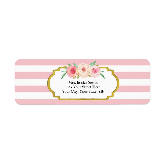 Pink Stripes Gold Pink Floral Return Address Label (Front)