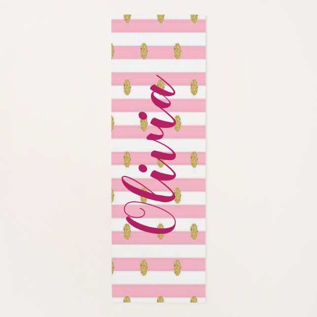 Pink Stripes & Gold Polkadot Personalized  Yoga Mat (Front)