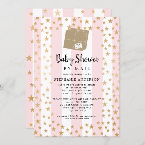 Pink Stripes  Gold Star Girl Baby Shower by mail Invitation