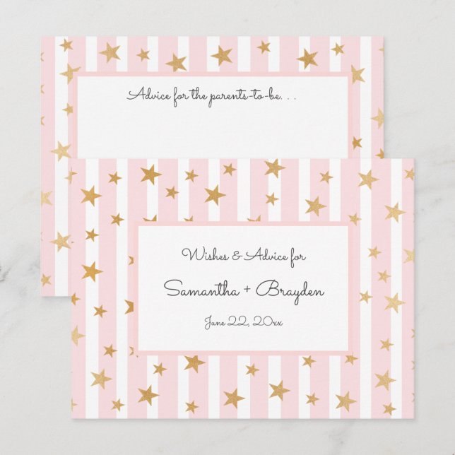 Pink Stripes Gold Stars Baby Shower Advice Cards (Front/Back)