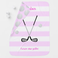 Pink stripes golf text add name baby blanket