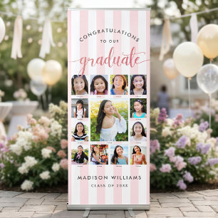 Pink Stripes Grad K–12 Rose Script Photo Collage Retractable Banner