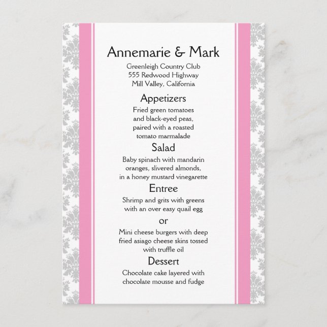 Pink Stripes Gray Damask Wedding Menu (Front)