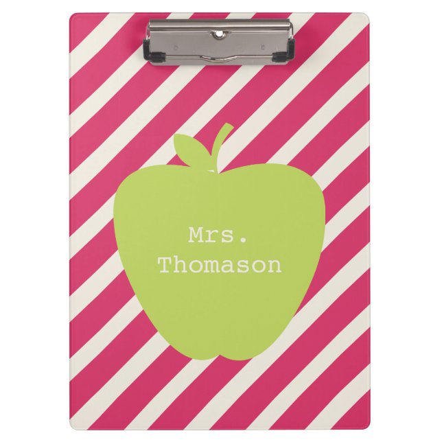 Pink Stripes Green Apple Teacher Clipboard (Front)