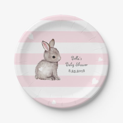 Pink Stripes Heart Bunny Party Paper Plate