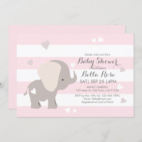 Pink Stripes Heart Elephant Baby Shower Invitation