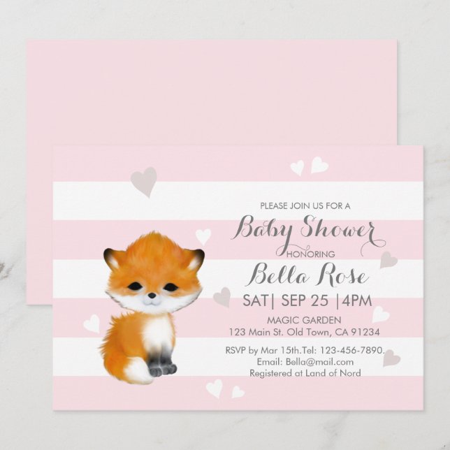 Pink Stripes  Heart Fox Baby Shower Invitation (Front/Back)