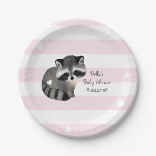 Pink Stripes Heart Raccoon Party Paper Plate