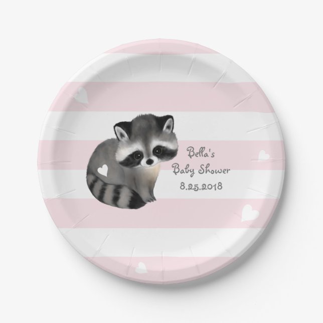 Pink Stripes Heart Raccoon Party Paper Plate (Front)