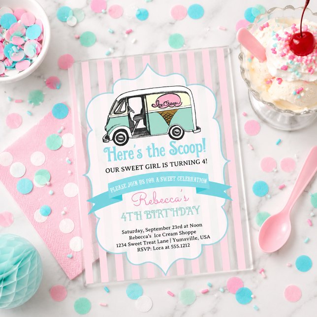Pink Stripes Here's the Scoop Ice Cream Birthday Acrylic Invitations (Pink Stripes Here's the Scoop Ice Cream Birthday Acrylic Invitations)