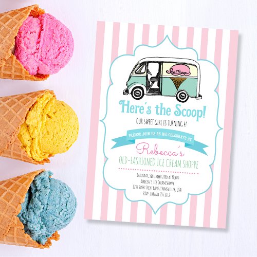 Pink Stripes Heres the Scoop Ice Cream Birthday Invitation