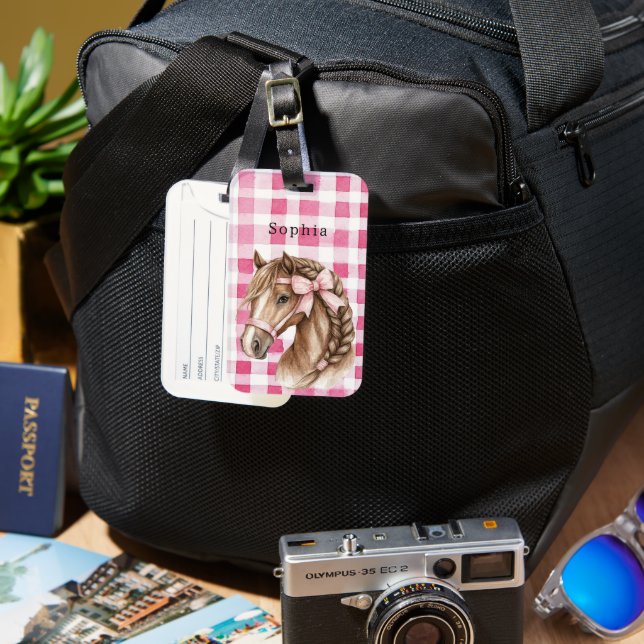Pink Stripes Horse Bow Luggage Tag (Front & Back)