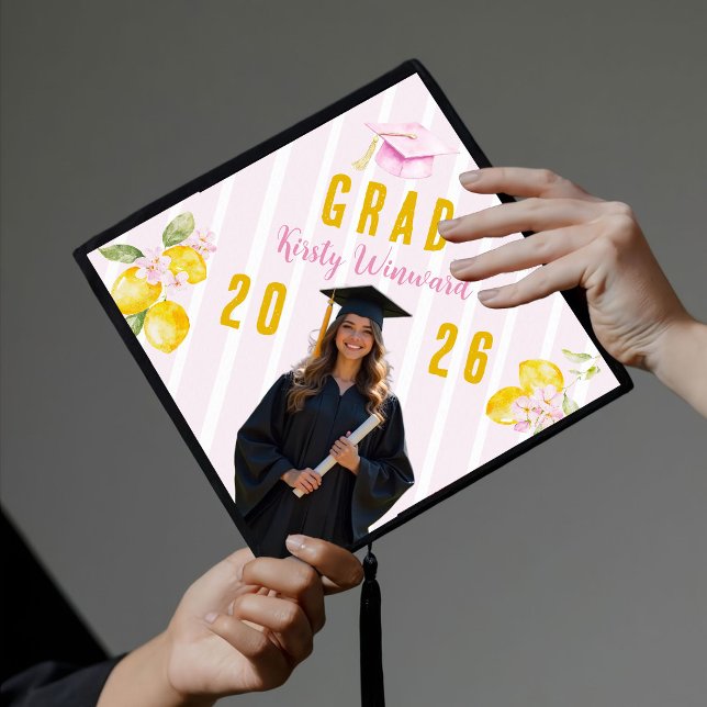 Pink Stripes Lemons and Flowers Graduation Cap Topper (Creator Uploaded)
