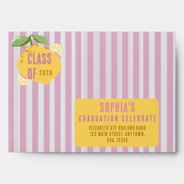 Pink Stripes Lemons and Flowers Graduation Envelope (Front)