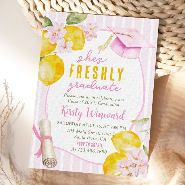 Pink Stripes Lemons and Flowers Graduation Invitation (Creator Uploaded)
