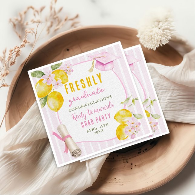 Pink Stripes Lemons and Flowers Graduation Napkins (Creator Uploaded)