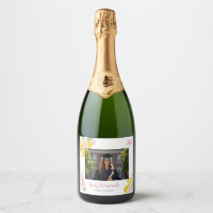 Pink Stripes Lemons and Flowers Graduation Party Sparkling Wine Label