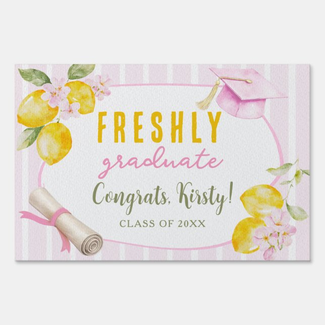 Pink Stripes Lemons and Flowers Graduation Sign (Front)