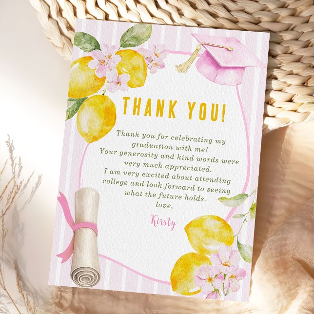 Pink Stripes Lemons and Flowers Graduation Thank You Card (Creator Uploaded)