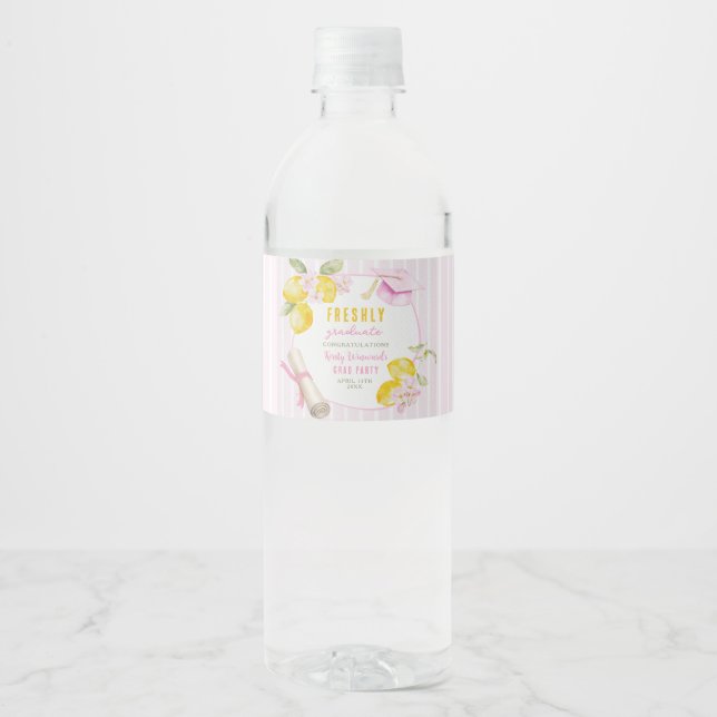 Pink Stripes Lemons and Flowers Graduation Water Bottle Label (Front)