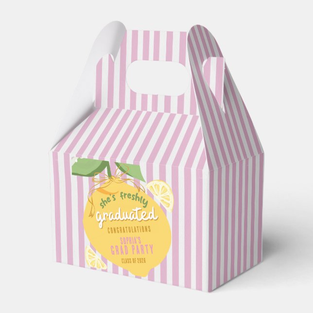 Pink Stripes Lemons Yellow Bow Graduation Favor Boxes (Front Side)
