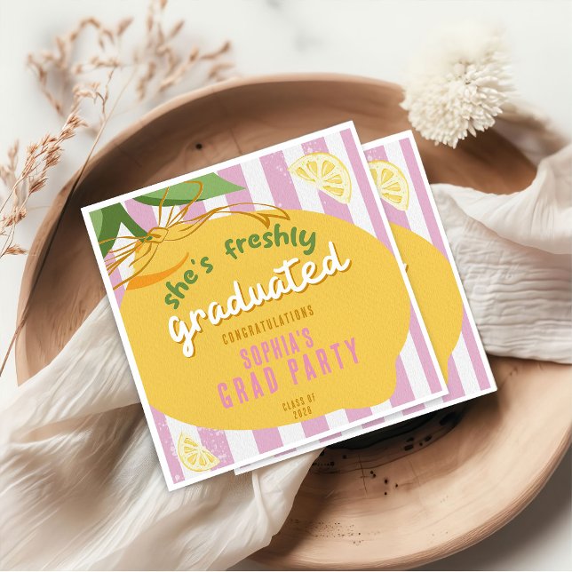 Pink Stripes Lemons yellow Bow Graduation Napkins (Creator Uploaded)