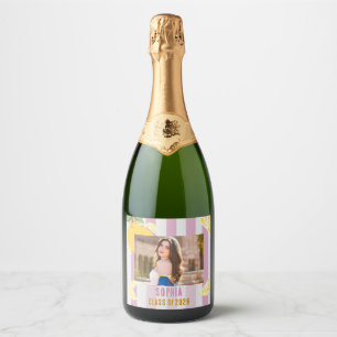 Pink Stripes Lemons yellow bow Graduation Party Sparkling Wine Label