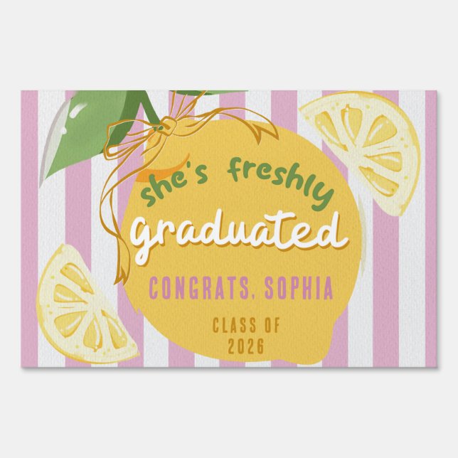 Pink Stripes Lemons Yellow bow Graduation Sign (Front)