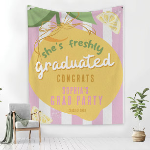 Pink Stripes Lemons Yellow bow Graduation Tapestry