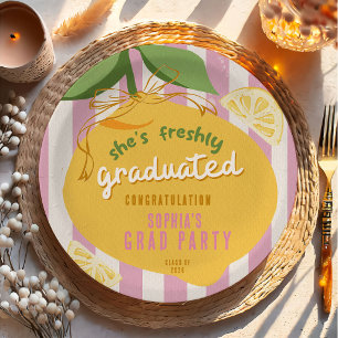 Pink Stripes Lemons yelow bow Graduation Paper Pap Plates