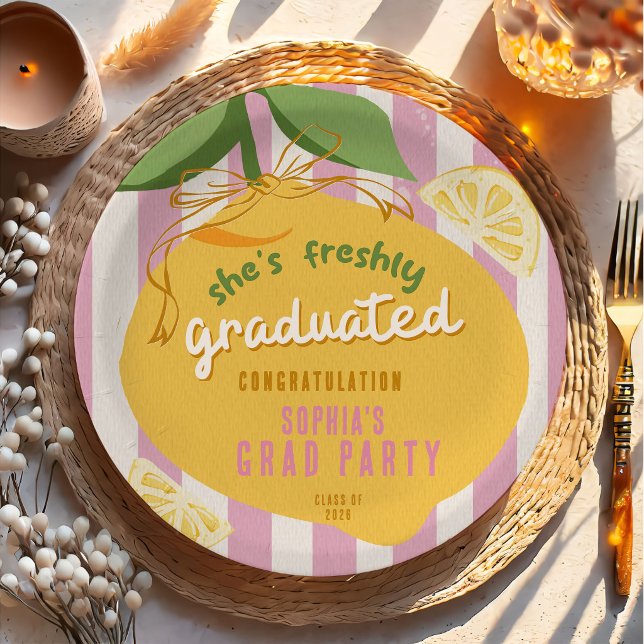 Pink Stripes Lemons yelow bow Graduation Paper Pap Plates (Creator Uploaded)