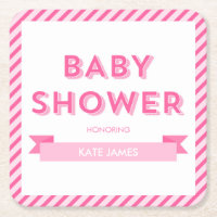 Pink Stripes Modern Baby Shower Square Paper Coaster
