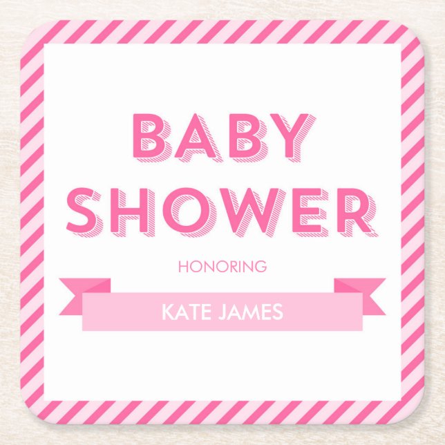 Pink Stripes Modern Baby Shower Square Paper Coaster (Front)
