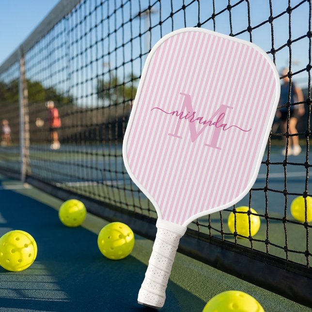 Pink Stripes Monogram Name Pickleball Paddle (Creator Uploaded)