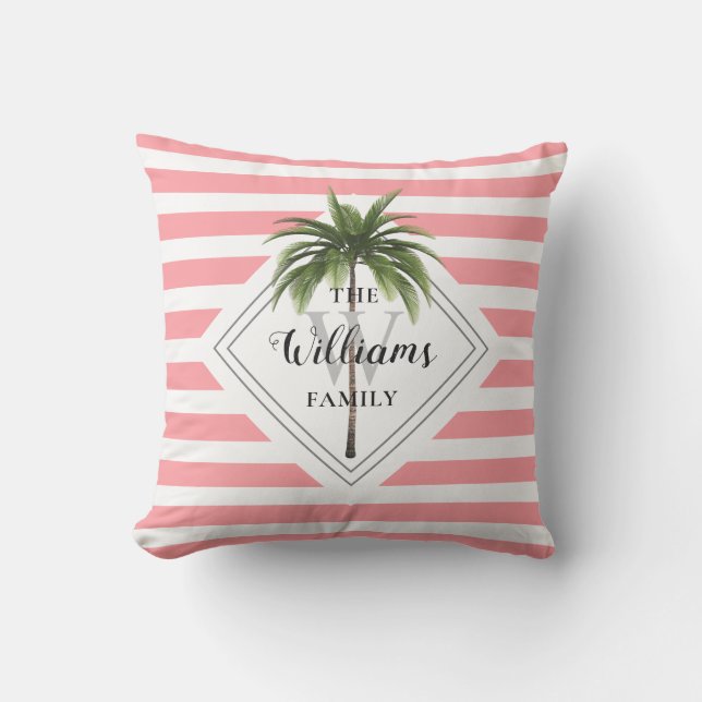 Pink Stripes Monogram Name Tropical Outdoor Pillow (Front)