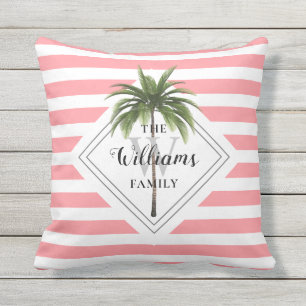 Pink Stripes Monogram Name Tropical Outdoor Pillow