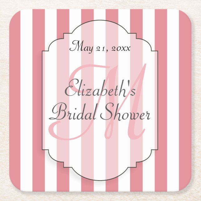 Pink Stripes Monogram Persoalized Paper Coaster (Front)