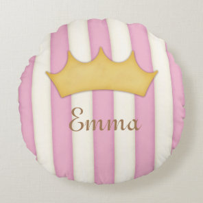 Pink Stripes Name Personalized Crowned Princess Round Pillow