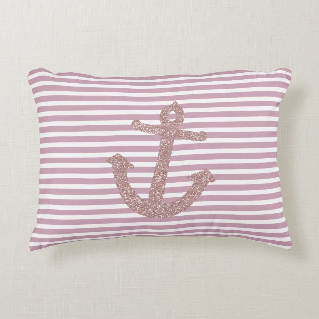 Pink Stripes Nautical Anchor Accent Pillow (Front)
