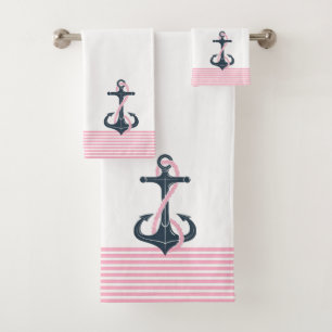 Pink Stripes & Nautical Boat Anchor in blue Bath Towel Set