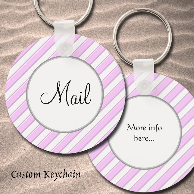Pink Stripes on White Editable Front & Back Mail Keychain (Pink and white stripes custom keychain)