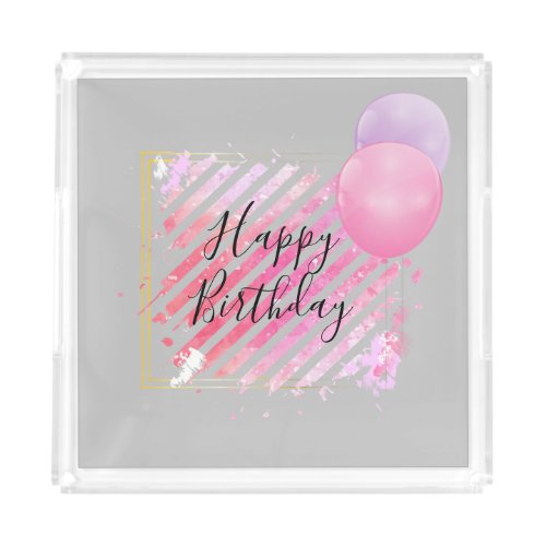 Pink Stripes Paint Brush Strokes and Balloons Acrylic Tray