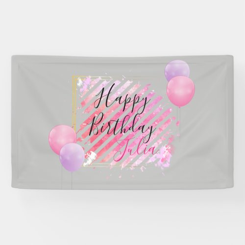 Pink Stripes Paint Brush Strokes and Balloons Banner