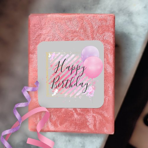 Pink Stripes Paint Brush Strokes and Balloons Square Sticker