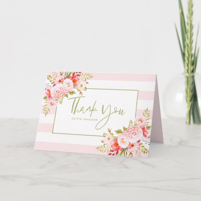 Pink Stripes Peonies Floral Thank You Card (Front)
