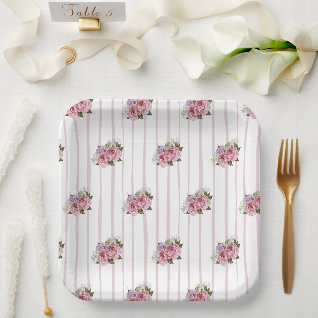 Pink stripes peony hydrangea baby's breath floral paper plates (Wedding)