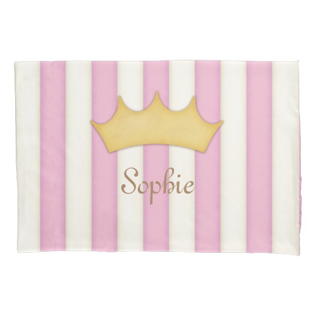 Pink Stripes Personalized Crowned Girl's Princess Pillow Case (Front)