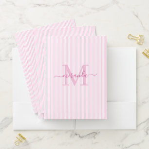 Pink Stripes Personalized Monogram Pocket Folder