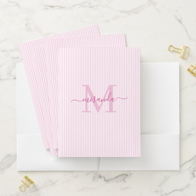 Pink Stripes Personalized Monogram Pocket Folder (In Situ)